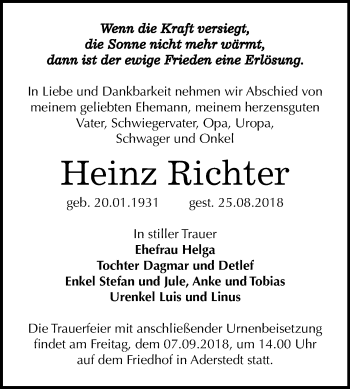 Traueranzeige von Heinz Richter von Mitteldeutsche Zeitung Bernburg