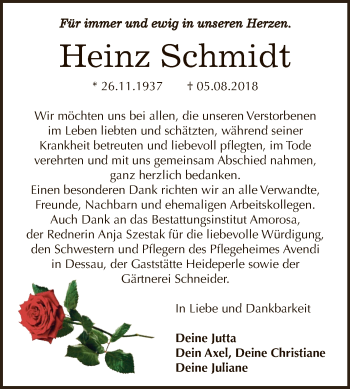 Traueranzeige von Heinz Schmidt von WVG - Wochenspiegel Dessau / Köthen