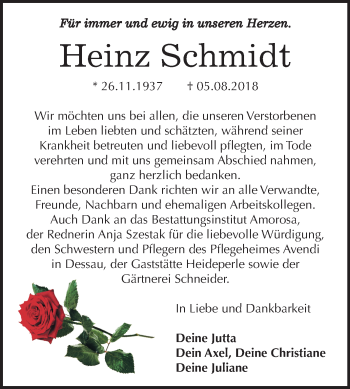 Traueranzeige von Heinz Schmidt von Mitteldeutsche Zeitung Dessau-Roßlau