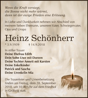 Traueranzeige von Heinz Schönherr von WVG - Wochenspiegel Dessau / Köthen