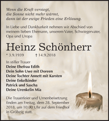 Traueranzeige von Heinz Schönherr von Mitteldeutsche Zeitung Köthen