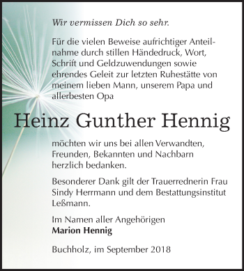 Traueranzeige von Heinz Gunther Hennig von Mitteldeutsche Zeitung