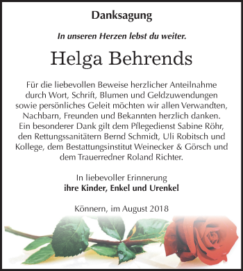Traueranzeige von Helga Behrends von Mitteldeutsche Zeitung Bernburg