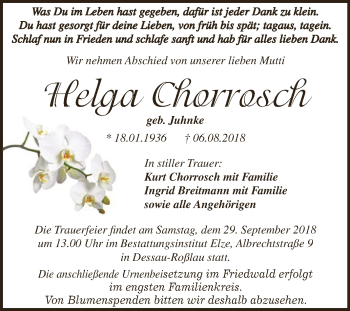 Traueranzeige von Helga Chorrosch von WVG - Wochenspiegel Dessau / Köthen