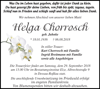 Traueranzeige von Helga Chorrosch von Mitteldeutsche Zeitung Dessau-Roßlau