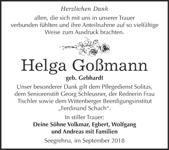 Traueranzeige von Helga Goßmann von WVG - Wochenspiegel Wittenberg