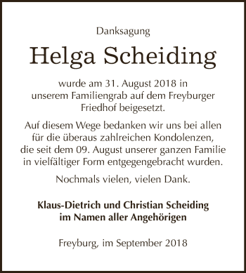 Traueranzeige von Helga Scheiding von WVG - Wochenspiegel NMB / WSF / ZTZ