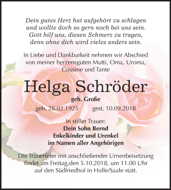 Traueranzeige von Helga Schröder von Mitteldeutsche Zeitung Halle/Saalkreis