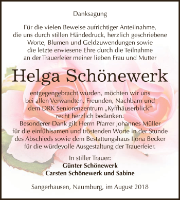 Traueranzeige von Helga Schönewerk von Super Sonntag SGH Mansf. Land