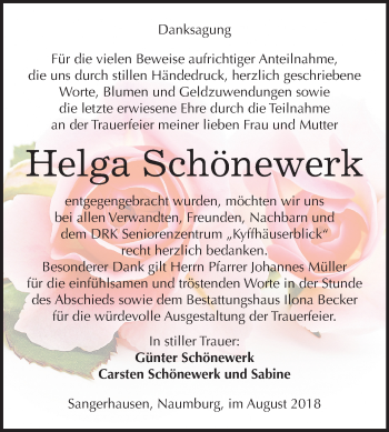 Traueranzeige von Helga Schönewerk von Mitteldeutsche Zeitung Sangerhausen