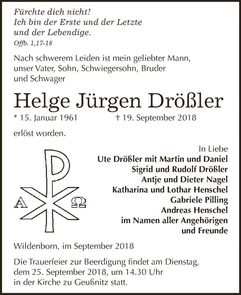  Traueranzeige für Helge Jürgen Drößler vom 22.09.2018 aus Super Sonntag Zeitz