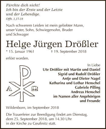 Traueranzeige von Helge Jürgen Drößler von Super Sonntag Zeitz