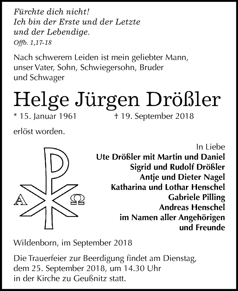  Traueranzeige für Helge Jürgen Drößler vom 22.09.2018 aus Mitteldeutsche Zeitung