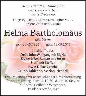 Traueranzeige von Helma Bartholomäus von WVG - Wochenspiegel Wittenberg