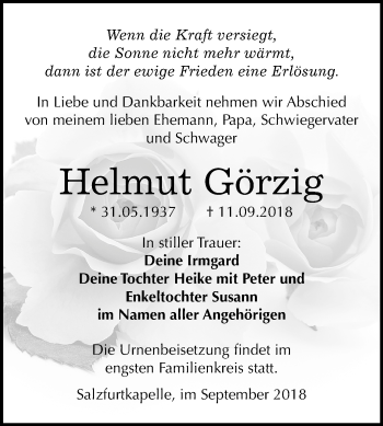 Traueranzeige von Helmut Görzig von Mitteldeutsche Zeitung Bitterfeld