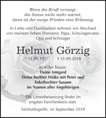 Traueranzeige von Helmut Görzig von WVG - Wochenspiegel Bitterfeld