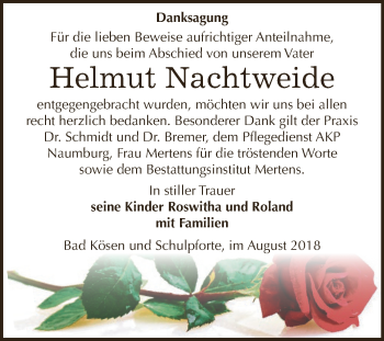 Traueranzeige von Helmut Nachtweide von WVG - Wochenspiegel NMB / WSF / ZTZ