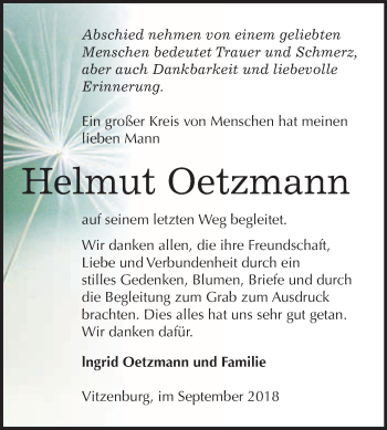 Traueranzeige von Helmut Oetzmann von WVG - Wochenspiegel Merseburg