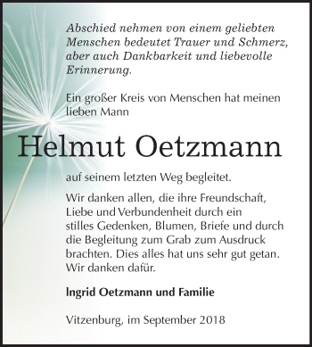 Traueranzeige von Helmut Oetzmann von Mitteldeutsche Zeitung Merseburg/Querfurt