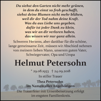 Traueranzeige von Helmut Petersohn von Mitteldeutsche Zeitung Bitterfeld