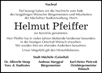 Traueranzeige von Helmut Pfeiffer von Mitteldeutsche Zeitung Merseburg/Querfurt