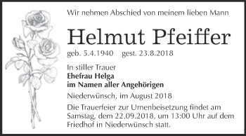 Traueranzeige von Helmut Pfeiffer von WVG - Wochenspiegel Merseburg