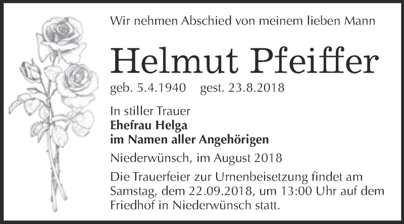  Traueranzeige für Helmut Pfeiffer vom 05.09.2018 aus WVG - Wochenspiegel Merseburg