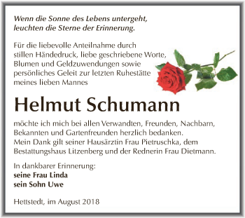 Traueranzeige von Helmut Schumann von Super Sonntag SGH Mansf. Land