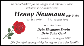 Traueranzeige von Henny Neumann von Mitteldeutsche Zeitung Aschersleben