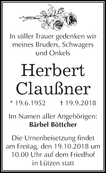 Traueranzeige von Herbert Claußner von Super Sonntag Merseburg