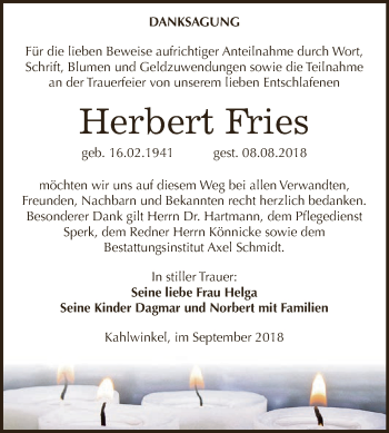 Traueranzeige von Herbert Fries von WVG - Wochenspiegel NMB / WSF / ZTZ
