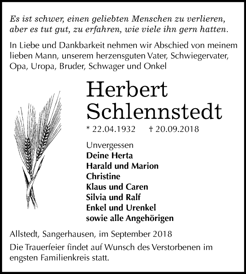  Traueranzeige für Herbert Schlennstedt vom 29.09.2018 aus Mitteldeutsche Zeitung