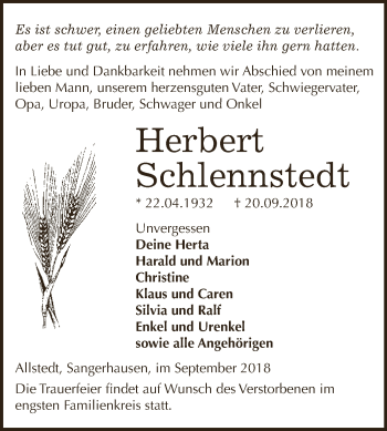 Traueranzeige von Herbert Schlennstedt von Super Sonntag SGH Mansf. Land