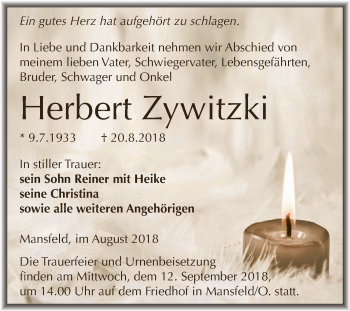 Traueranzeige von Herbert Zywitzki von Super Sonntag SGH Mansf. Land