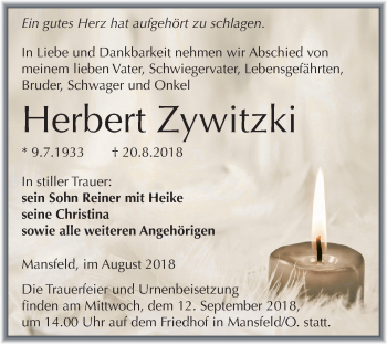 Traueranzeige von Herbert Zywitzki von Mitteldeutsche Zeitung