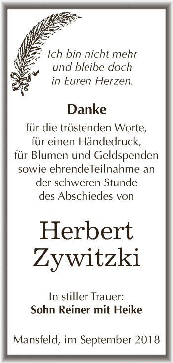 Traueranzeige von Herbert Zywitzki von Super Sonntag SGH Mansf. Land