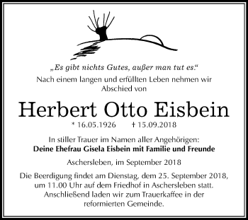 Traueranzeige von Herbert Otto Eisbein von Mitteldeutsche Zeitung Aschersleben