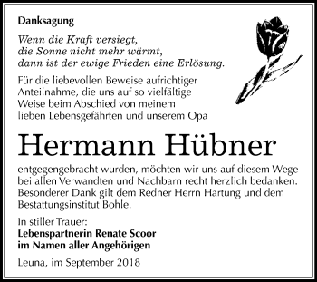 Traueranzeige von Hermann Hübner von WVG - Wochenspiegel Merseburg