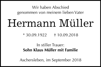 Traueranzeige von Hermann Müller von Mitteldeutsche Zeitung Aschersleben