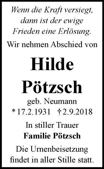 Traueranzeige von Hilde Pötzsch von Mitteldeutsche Zeitung