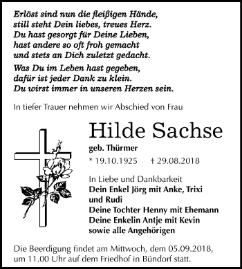 Traueranzeige von Hilde Sachse von Mitteldeutsche Zeitung