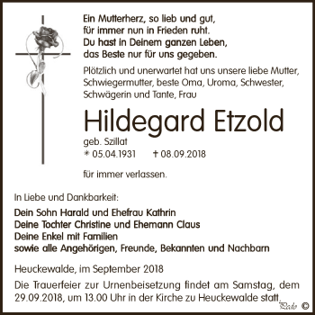 Traueranzeige von Hildegard Etzold von Super Sonntag Zeitz