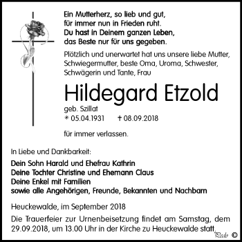Traueranzeige von Hildegard Etzold von Mitteldeutsche Zeitung Zeitz
