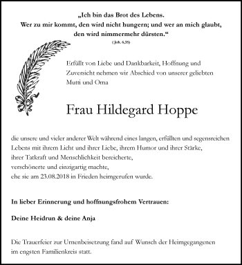 Traueranzeige von Hildegard Hoppe von Mitteldeutsche Zeitung Weißenfels