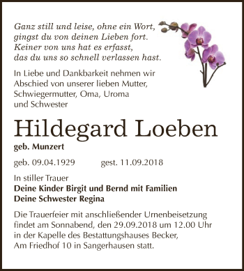 Traueranzeige von Hildegard Loeben von Super Sonntag SGH Mansf. Land