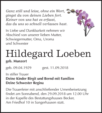 Traueranzeige von Hildegard Loeben von Mitteldeutsche Zeitung
