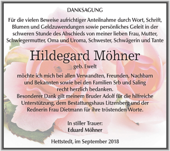 Traueranzeige von Hildegard Möhner von Mitteldeutsche Zeitung