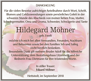 Traueranzeige von Hildegard Möhner von Wochenspiegel Mansfelder Land