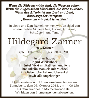 Traueranzeige von Hildegard Zanner von Super Sonntag SGH Mansf. Land