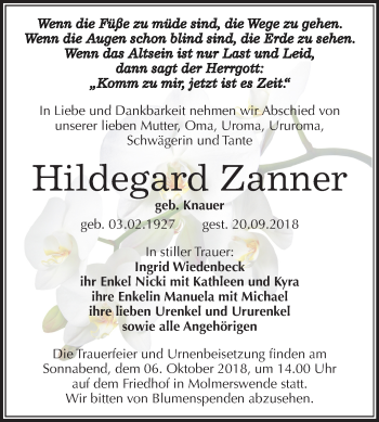 Traueranzeige von Hildegard Zanner von Mitteldeutsche Zeitung